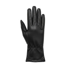 Sleek black leather glove with extended fingers and gathered wrist detail, isolated on white background