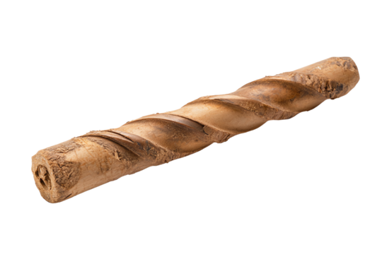 Natural wooden chew stick for dogs, perfect toy for dental health, isolated on a white background.