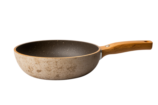 Non-stick frying pan with a wooden handle, isolated on a white background.