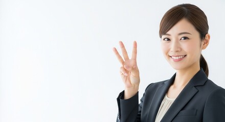 3番目のジェスチャーをしている笑顔の日本人女性社員