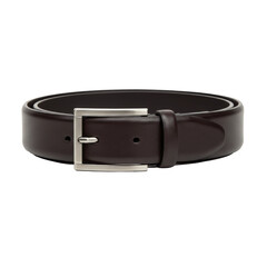 Classic dark brown leather belt with polished metal buckle, isolated on white background