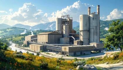 Obraz premium A large industrial complex stands amidst a scenic landscape, featuring a highway and rolling hills.
