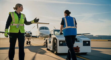 Women Guiding An Electric Tow Tug On A Clear Airfield