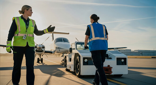 Women Guiding An Electric Tow Tug On A Clear Airfield