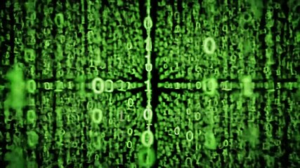 Dynamic digital stream of glowing green binary code cascading through cyberspace, representing data flow - Powered by Adobe