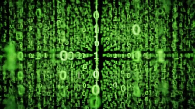 Dynamic digital stream of glowing green binary code cascading through cyberspace, representing data flow