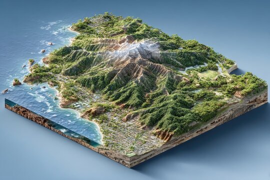3D topographic map of a mountainous coastal region with lush vegetation