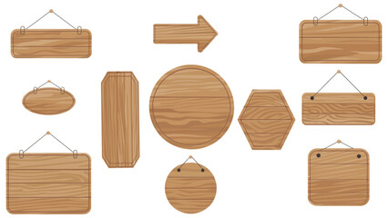 Naklejka premium Wooden blank signboard collection in different shapes isolated on white background 