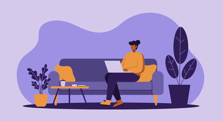Young adult works remotely on a laptop from a comfortable home sofa, ideal for flexible work, online education, or digital lifestyle concepts.