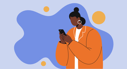 Stylish Black woman focused on her smartphone, engaging with digital content or communicating online. Ideal for themes of technology, business, and modern lifestyle.