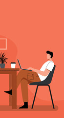Professional illustration of a man working remotely on his laptop from a home office, promoting productivity, flexible work, and modern digital lifestyle.