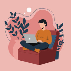 Young person working or studying on a laptop in a cozy home setting, sitting comfortably on an armchair. Ideal for remote work, lifestyle, or freelance concepts.