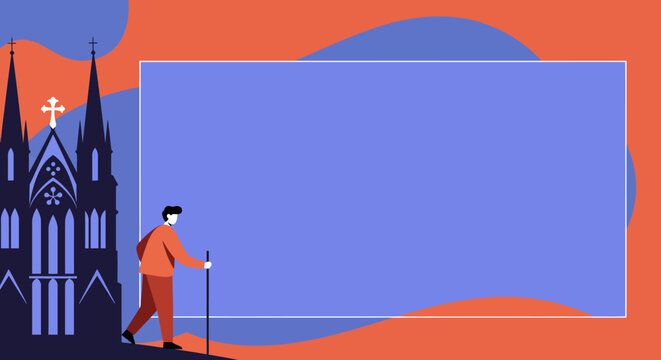 A person with a walking stick passes a historic cathedral, symbolizing travel, pilgrimage, or exploration, with a large customizable text area.