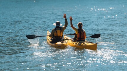 A couple in a tandem kayak, sharing a moment and a high-five. The scene is full of connection and joy.