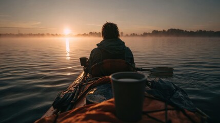 A person sitting in their kayak, with a cup of coffee, enjoying a quiet moment on the water. The image is about peace and relaxation.