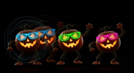 Groovy Halloween pumpkins with neon glasses dancing at a costume party creating dynamic festive vibes