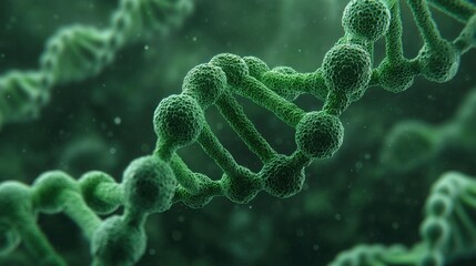 Close-up View of Green DNA Strand with Detailed Molecular Structure, Digital Representation, Genetic Science, Biological Research Concept