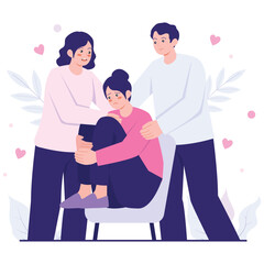 Mental Healthy Illustration. Vector illustration of Caring relatives comfort a sad woman, showing empathy and emotional support for mental health recovery. Isolated on background