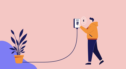Modern flat illustration of a person using a smart device to monitor a potted plant, representing smart gardening and IoT concepts.