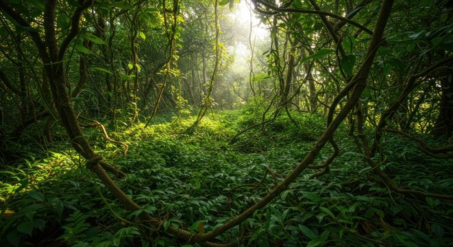 Enchanting tropical jungle with abundant green vines and lush foliage, bathed in ethereal sunlight filtering through the dense canopy, a vibrant rainforest landscape