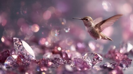 Fototapeta premium Hovering hummingbird among scattered pink gemstones, bokeh lights softly glow