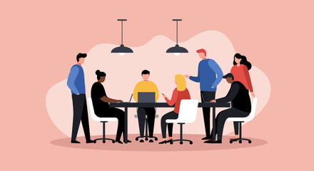 Professional business team holds a collaborative meeting, strategizing and sharing ideas in a modern office environment.