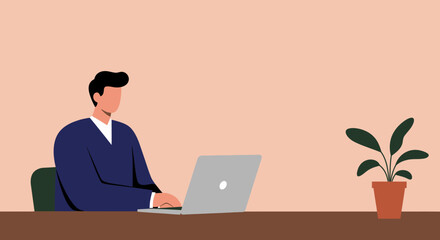 Professional man working on a laptop at a modern desk with a plant, representing business, remote work, and productivity.