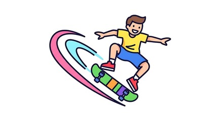 Fototapeta premium Dynamic young boy performs thrilling skateboard trick with colorful motion trails, embodying freedom and active youth lifestyle