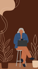 Senior woman actively working on her laptop and phone, representing modern remote work, digital literacy, and an engaged lifestyle for older adults. Perfect for business and technology themes.