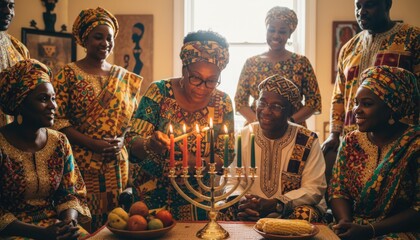 A group of diverse African people celebrating a cultural event. A woman lights candles on a menorah, surrounded by family and friends. Traditional attire is worn.