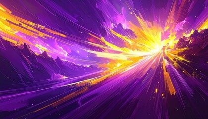 A vibrant, dynamic abstract design explodes with streaks of intense color, showcasing a radiant burst of yellow and purple.