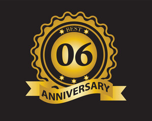 6th Anniversary Golden Badge. Best Anniversary Seal with Ribbon. Vector Illustration on Black Background