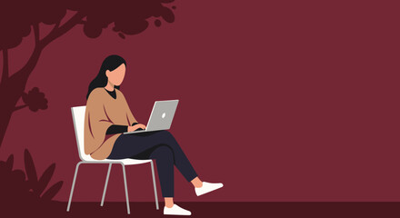 Woman uses laptop outdoors under a tree, representing remote work, online learning, or digital lifestyle with flexible productivity. Great for business and tech.
