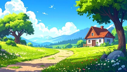 Naklejka premium Vibrant 2D animated illustration of a charming country house on green hills with a path, trees, and distant mountains under a clear blue sky
