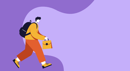 Illustration of a person with a backpack and briefcase, representing concepts of education, business, travel, or daily commute. Ideal for lifestyle and professional themes.