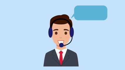 Flat vector animation of a smiling businessman with headset and speech bubble, representing customer service, communication, call center, or online support