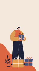Stylized man holding a gift box, with additional presents on the ground. Ideal for holiday promotions, special occasions, shopping, and celebration concepts.