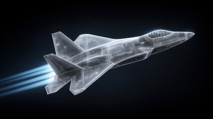 Futuristic Transparent Jet Aircraft in Motion with Streamlined Design and Digital Wireframe Appearance Representing Advanced Aerospace Technology