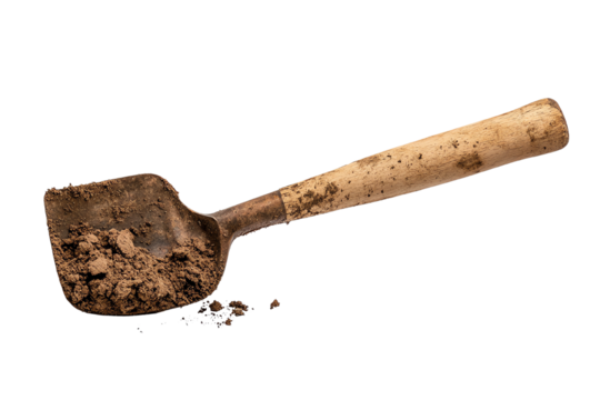 Wooden-handled shovel with soil, perfect for gardening or landscaping projects, isolated on a white background.