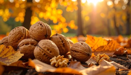 Autumn harvest of nuts in forest