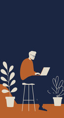 Senior man with glasses using a laptop, representing modern remote work, digital literacy, and an active lifestyle.