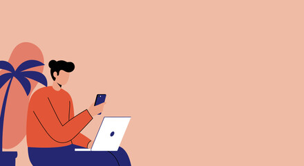 Modern person uses laptop and smartphone for remote work or online communication, reflecting digital lifestyle, freelancing, and connectivity concepts.