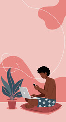 Remote worker casually using laptop and smartphone at home, embodying modern digital lifestyle, productivity, and flexible work.