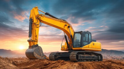 A yellow excavator operates on a construction site, moving earth and debris under a beautiful sunset with mountains in the background. The sky is filled with vibrant colors.