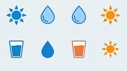 Icons representing sun, water drops, and glasses, illustrating themes of hydration and health.