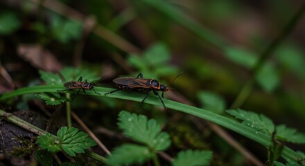 Fototapeta premium Close-up macro photograph of two small red and black bugs crawling on a green leaf in a forest