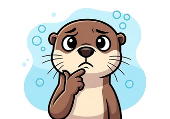 A thoughtful otter with a pensive expression, set against a backdrop of light blue bubbles, conveys a sense of quiet contemplation.