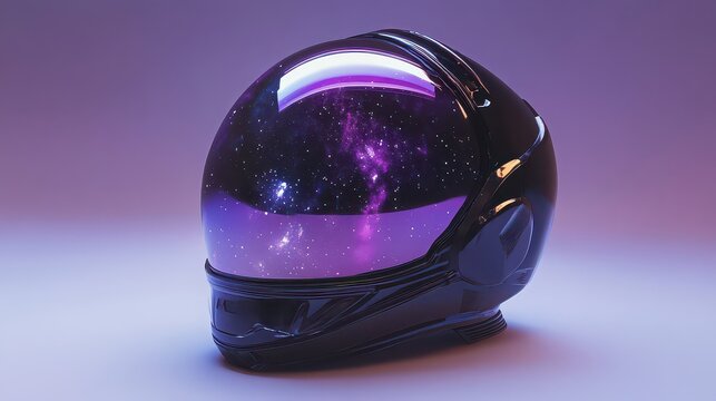 A glossy black astronaut helmet reflecting a vibrant purple and blue galaxy inside the visor