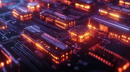 A detailed close up of an intricate glowing circuit board with orange and purple lights visible