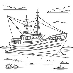 A fishing vessel illustration vector style coloring page